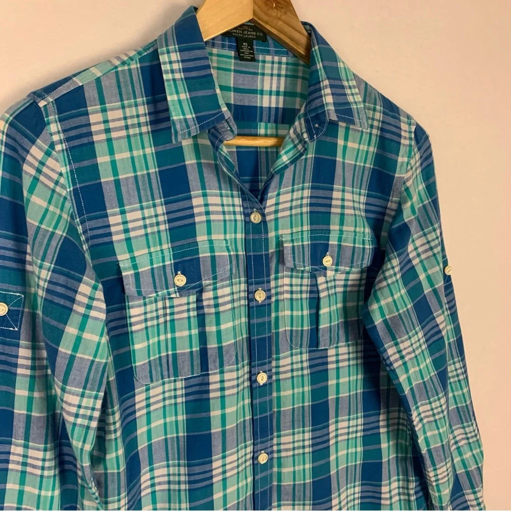 Lauren Ralph Lauren Blue Plaid Button Down Shirt - Picture 3 of 5